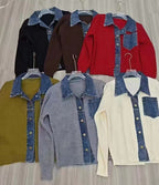 Women's ribbed cardigan with denim-effect polo collar and button front