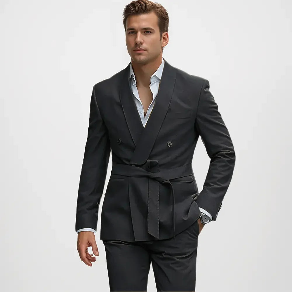 Men's double-breasted shawl lapel suit with belted waist and matching trousers