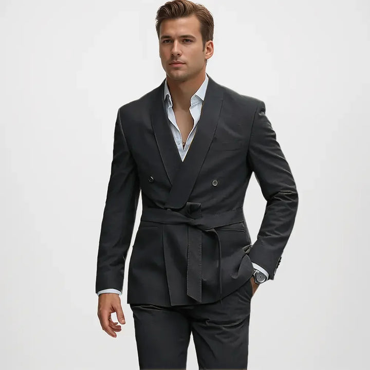 Men's double-breasted shawl lapel suit with belted waist and matching trousers