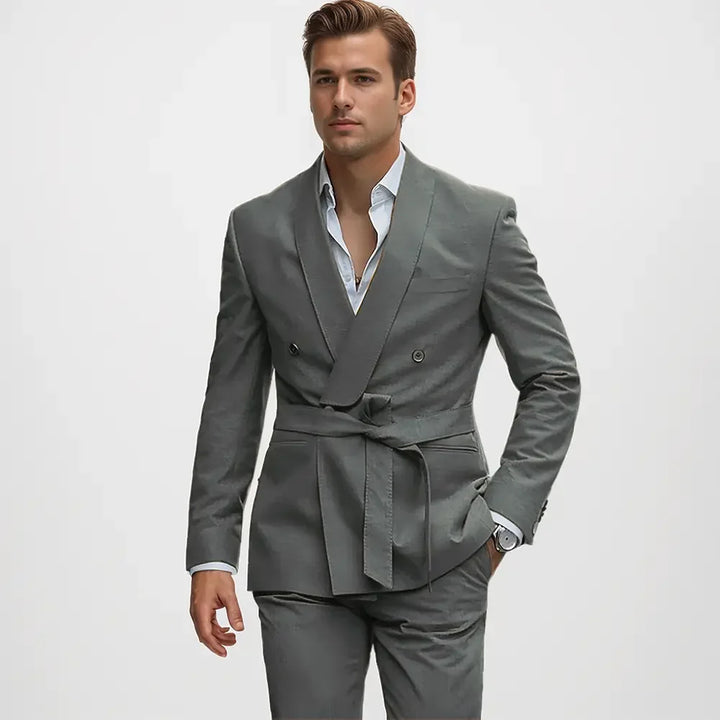 Men's double-breasted shawl lapel suit with belted waist and matching trousers