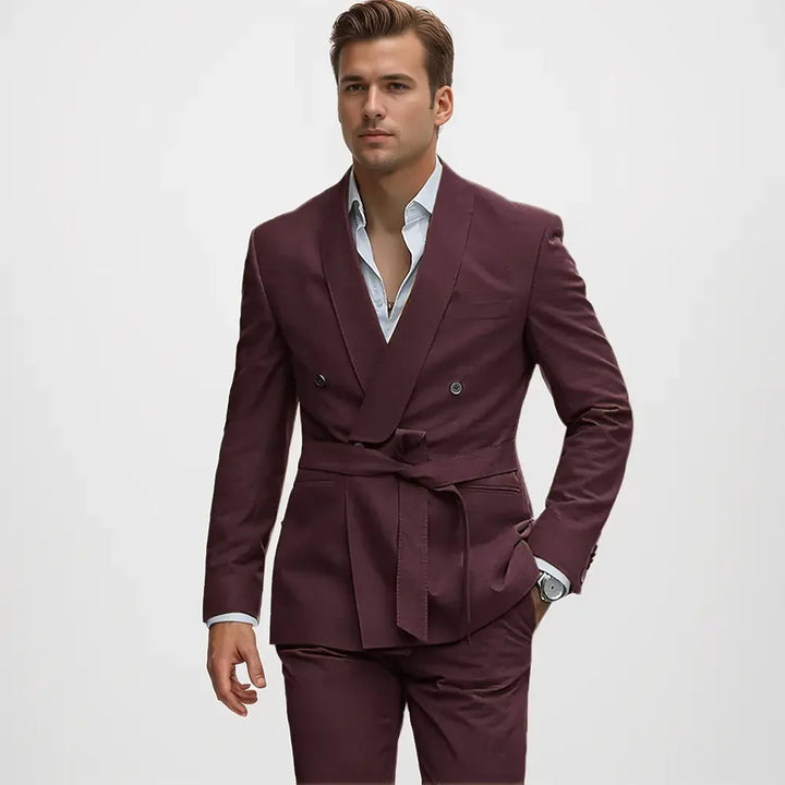 Men's double-breasted shawl lapel suit with belted waist and matching trousers