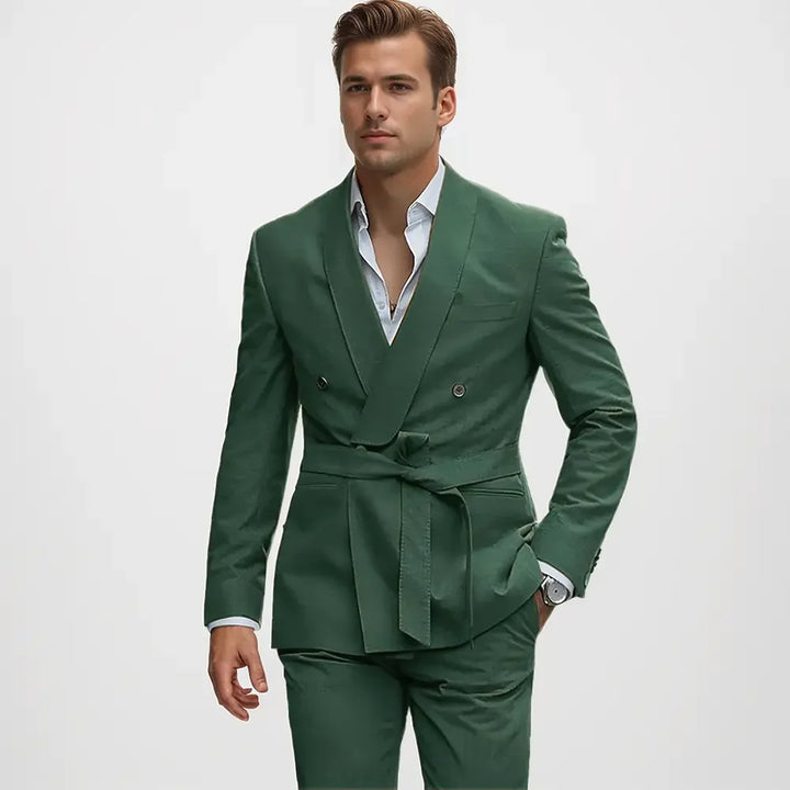 Men's double-breasted shawl lapel suit with belted waist and matching trousers