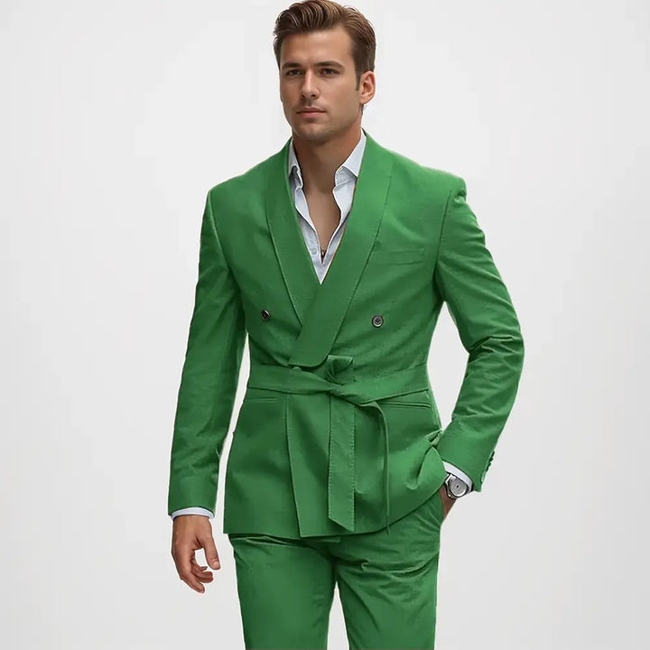 Men's double-breasted shawl lapel suit with belted waist and matching trousers