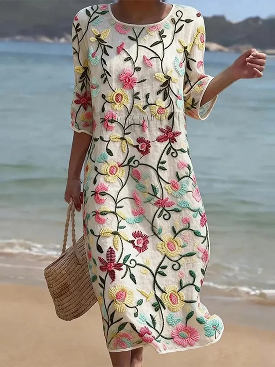 Women's white floral embroidered midi dress with three-quarter sleeves