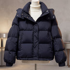 Women's quilted cropped puffer jacket with high collar and long sleeves
