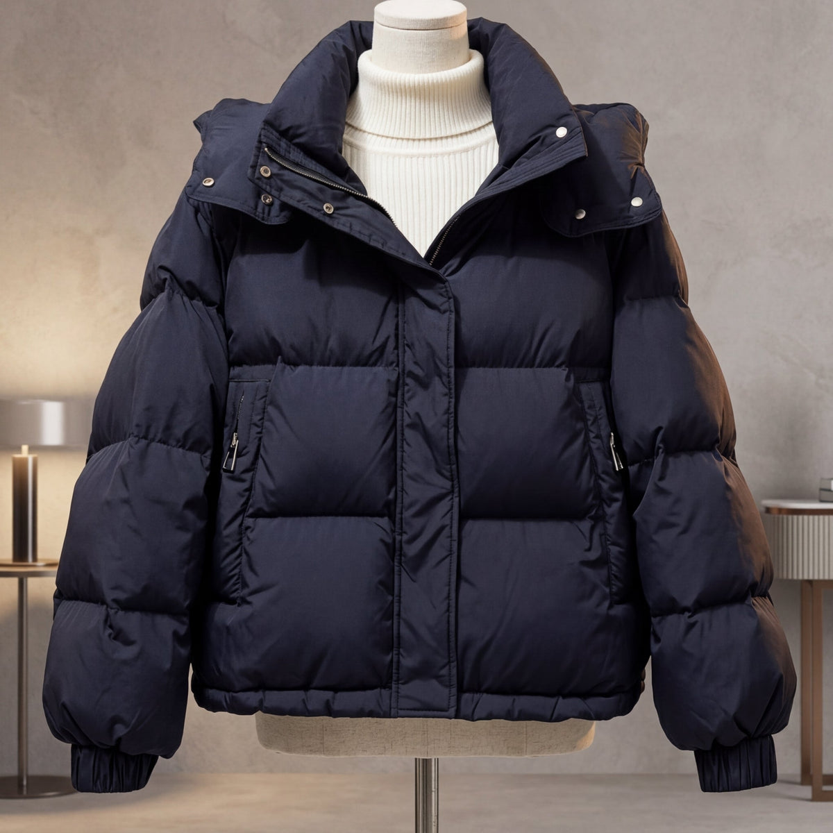 Women's quilted cropped puffer jacket with high collar and long sleeves