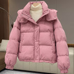 Women's quilted cropped puffer jacket with high collar and long sleeves