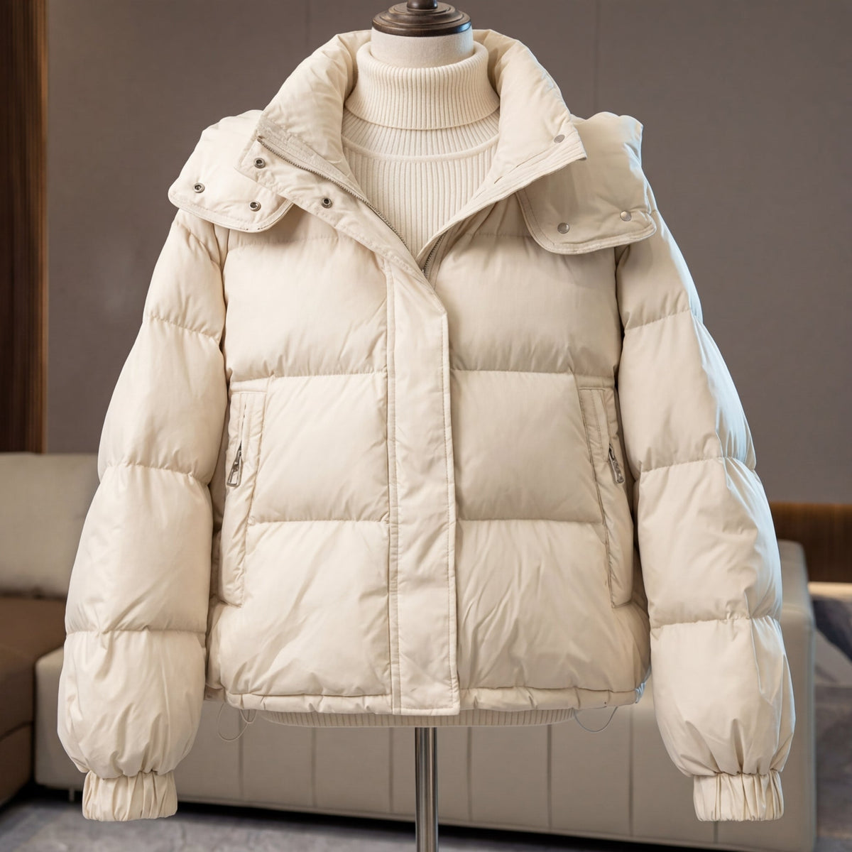 Women's quilted cropped puffer jacket with high collar and long sleeves
