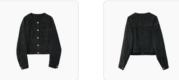 Women's cropped dark denim jacket with long sleeves and front pockets