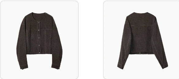 Women's cropped dark denim jacket with long sleeves and front pockets