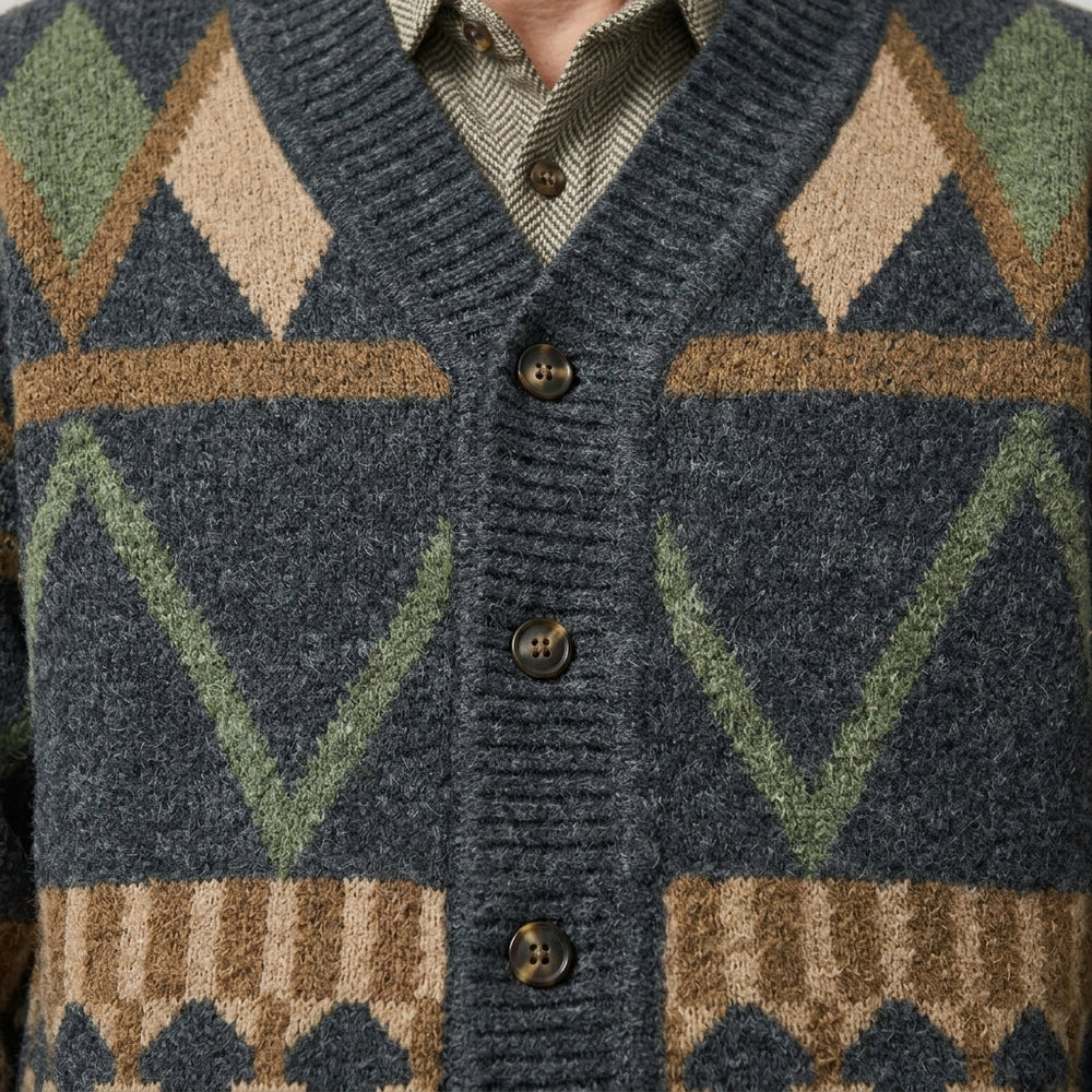 Men's dark geometric knit cardigan with button front and V-neck
