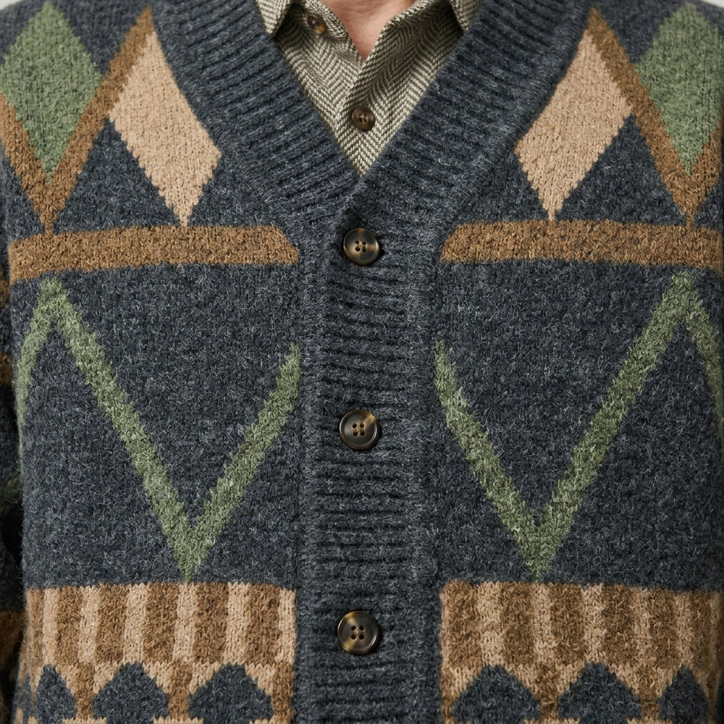 Men's dark geometric knit cardigan with button front and V-neck