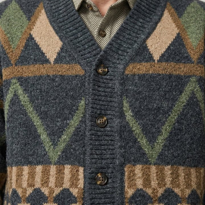 Men's dark geometric knit cardigan with button front and V-neck