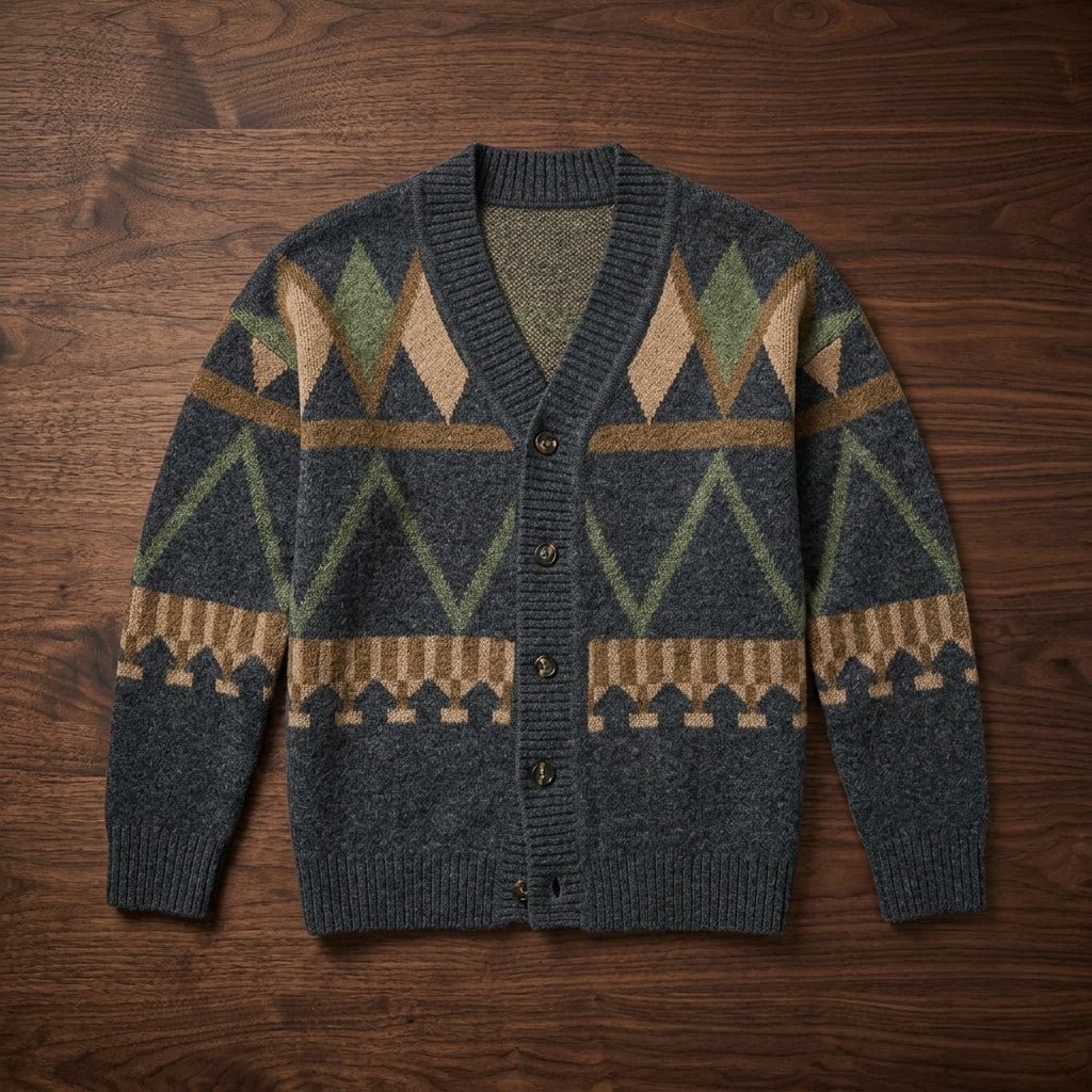 Men's dark geometric knit cardigan with button front and V-neck