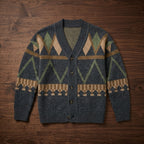 Men's dark geometric knit cardigan with button front and V-neck