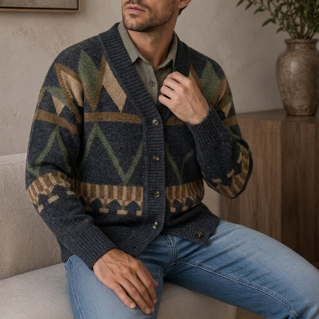 Men's dark geometric knit cardigan with button front and V-neck