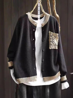 Women's knitted cardigan with button front, ribbed trims and decorative crochet-style chest pocket