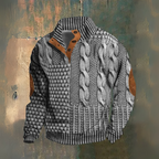 Men's cable knit jumper with high collar, buttons and elbow patches