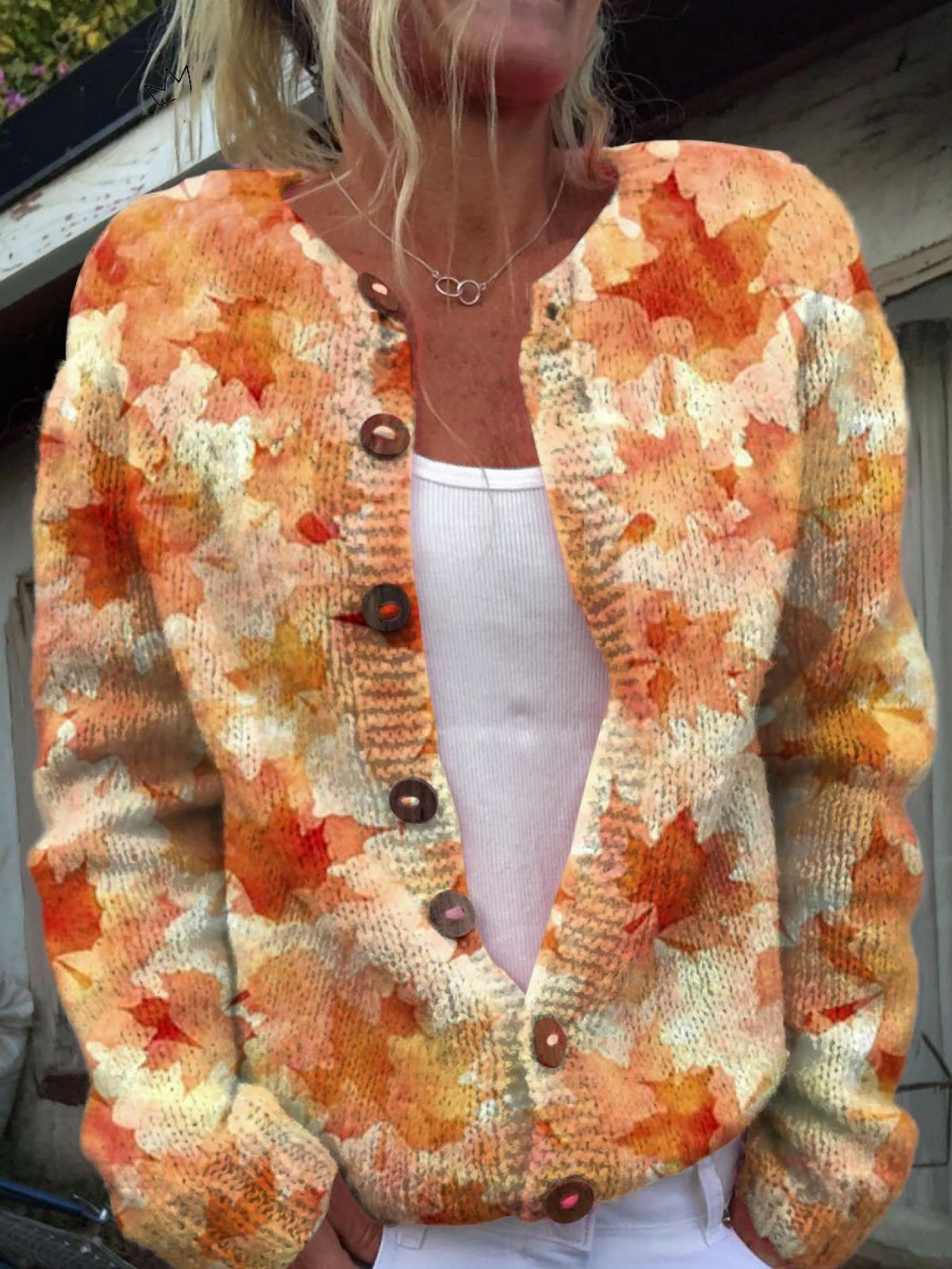 Women's multicoloured autumn leaf pattern button-front cardigan