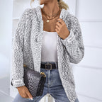 Women's textured hooded knit cardigan with long sleeves and zip front