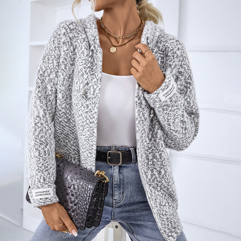 Women's textured hooded knit cardigan with long sleeves and zip front