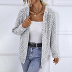Women's textured hooded knit cardigan with long sleeves and zip front