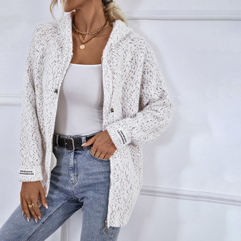 Women's textured hooded knit cardigan with long sleeves and zip front