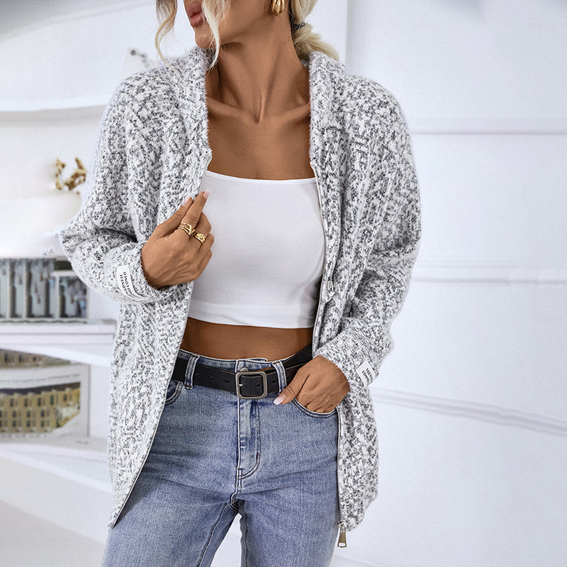 Women's textured hooded knit cardigan with long sleeves and zip front