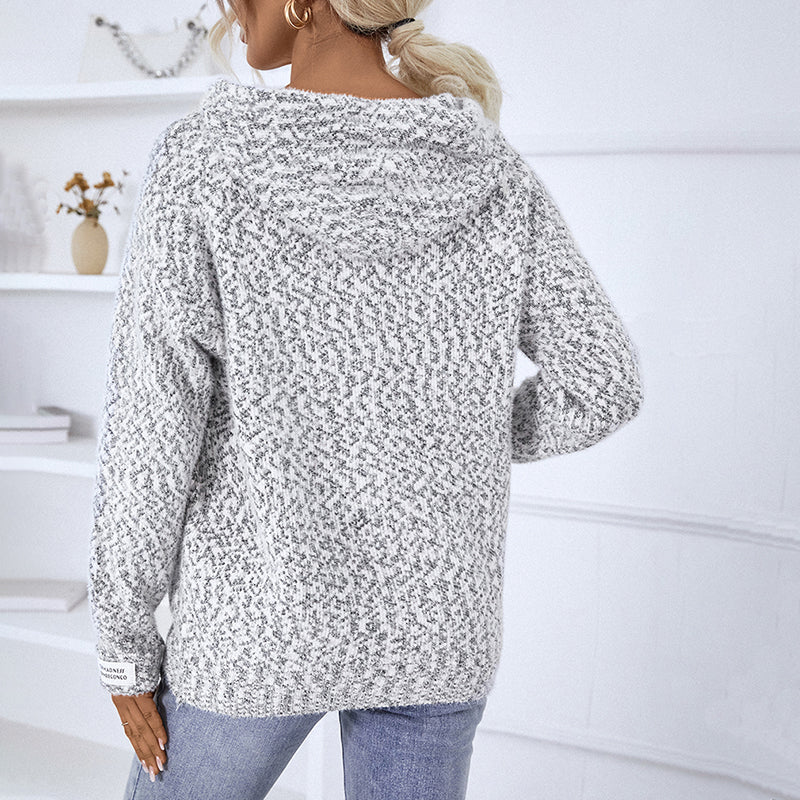 Women's textured hooded knit cardigan with long sleeves and zip front