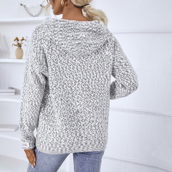 Women's textured hooded knit cardigan with long sleeves and zip front