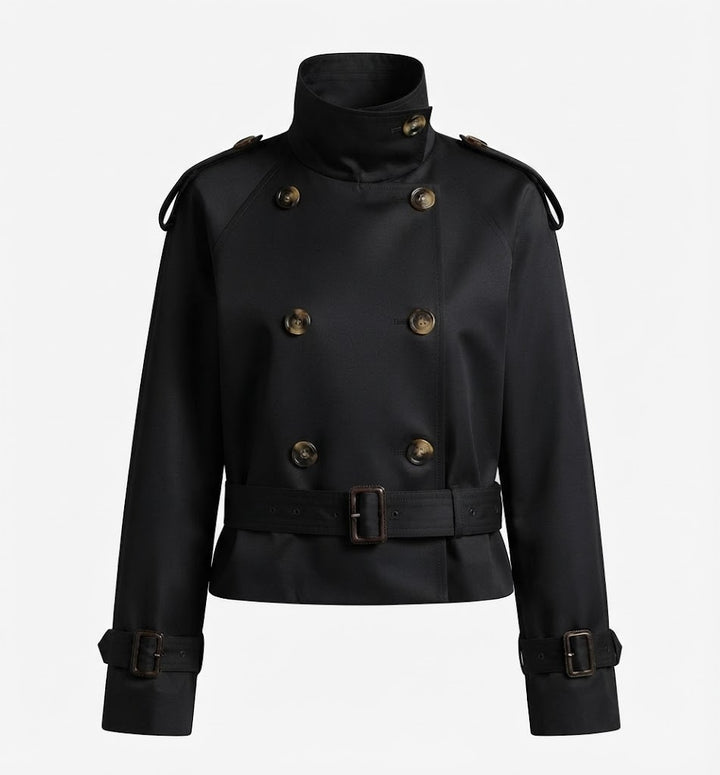 Women's Navy Cropped Trench Coat, Belted, Long Sleeves
