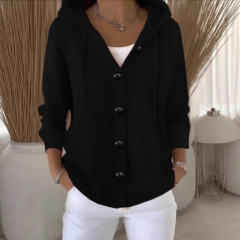 Women's hooded knitted cardigan with long sleeves, buttons and ribbed trims