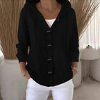 Women's hooded knitted cardigan with long sleeves, buttons and ribbed trims