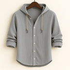 Hooded button-front shirt with long sleeves and curved hem