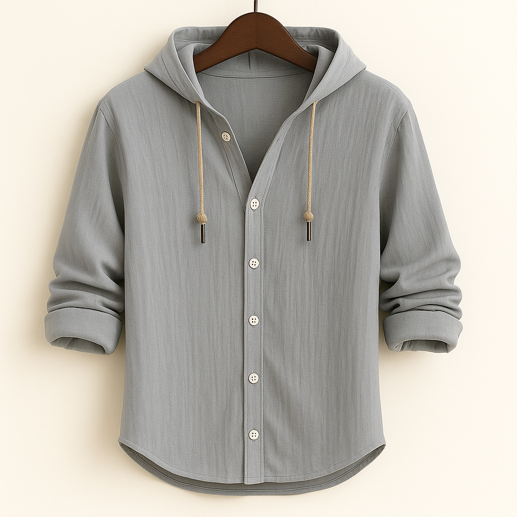 Hooded button-front shirt with long sleeves and curved hem