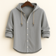 Hooded button-front shirt with long sleeves and curved hem