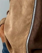 Women's brown colour block hoodie with drawstring hood and diagonal zip