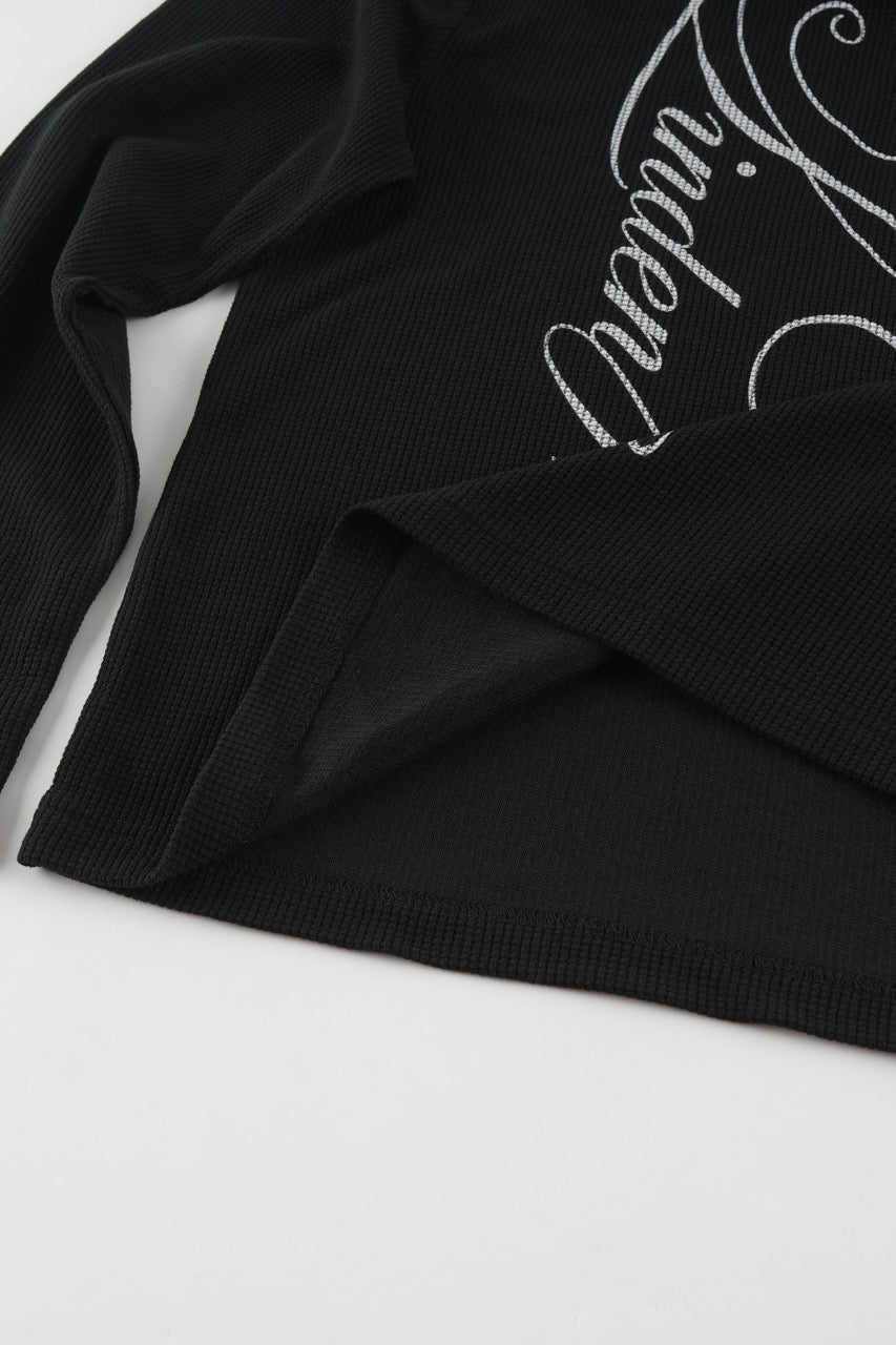 Black men's waffle sweatshirt with vertical script graphic