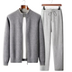 Men's two-tone grey knit tracksuit set with a zip jacket and drawstring trousers