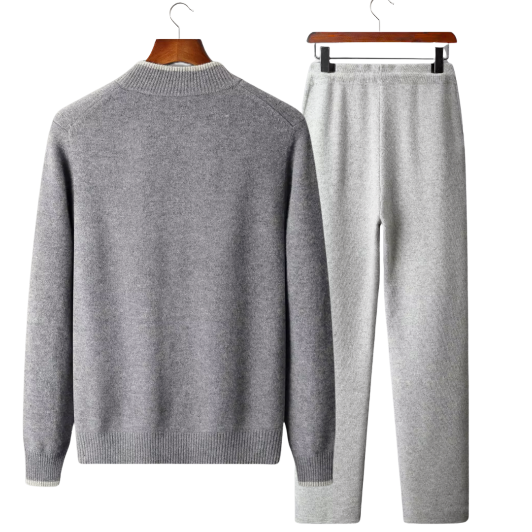 Men's two-tone grey knit tracksuit set with a zip jacket and drawstring trousers