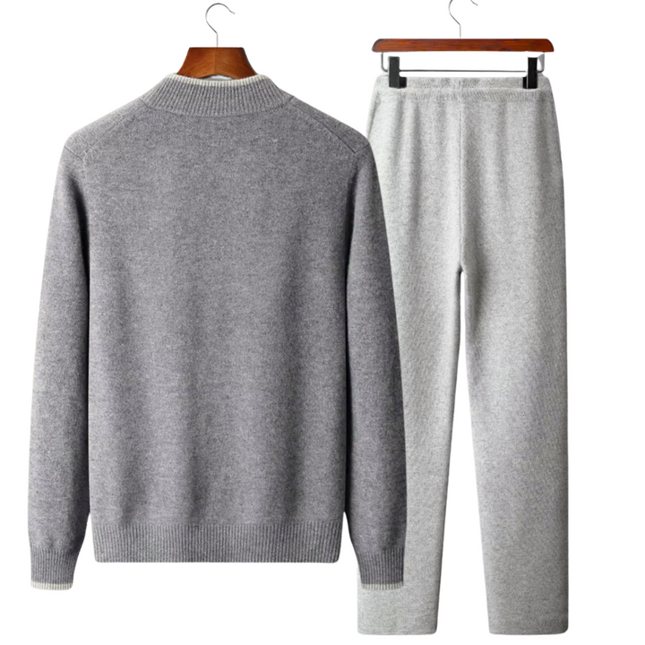 Men's two-tone grey knit tracksuit set with a zip jacket and drawstring trousers