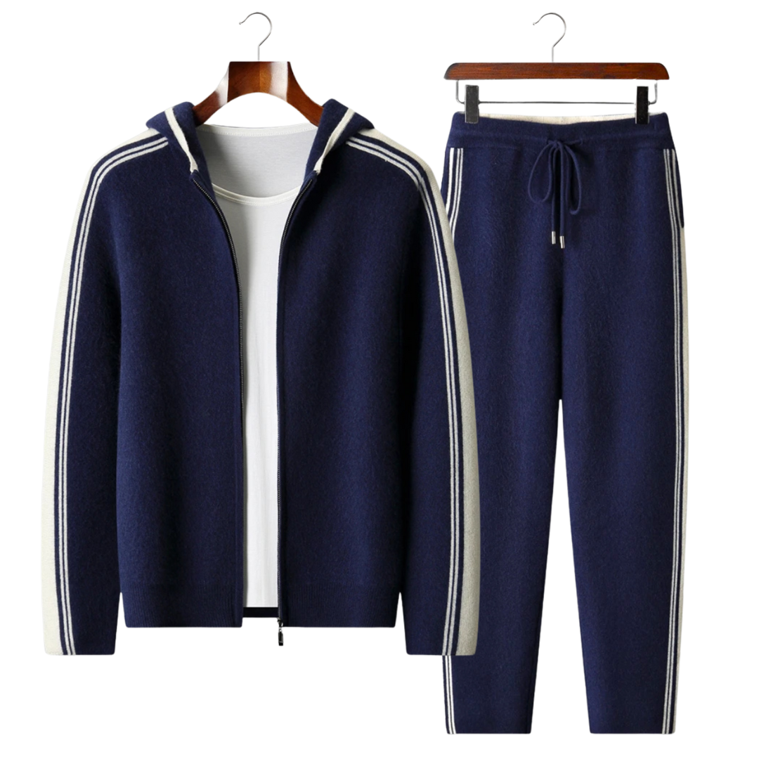 Men's navy blue knit hooded tracksuit set with contrast stripes on the sleeves and legs