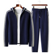 Men's navy blue knit hooded tracksuit set with contrast stripes on the sleeves and legs