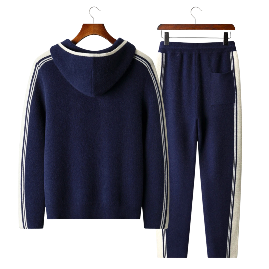 Men's knit hooded tracksuit set with contrast stripes on the sleeves and legs