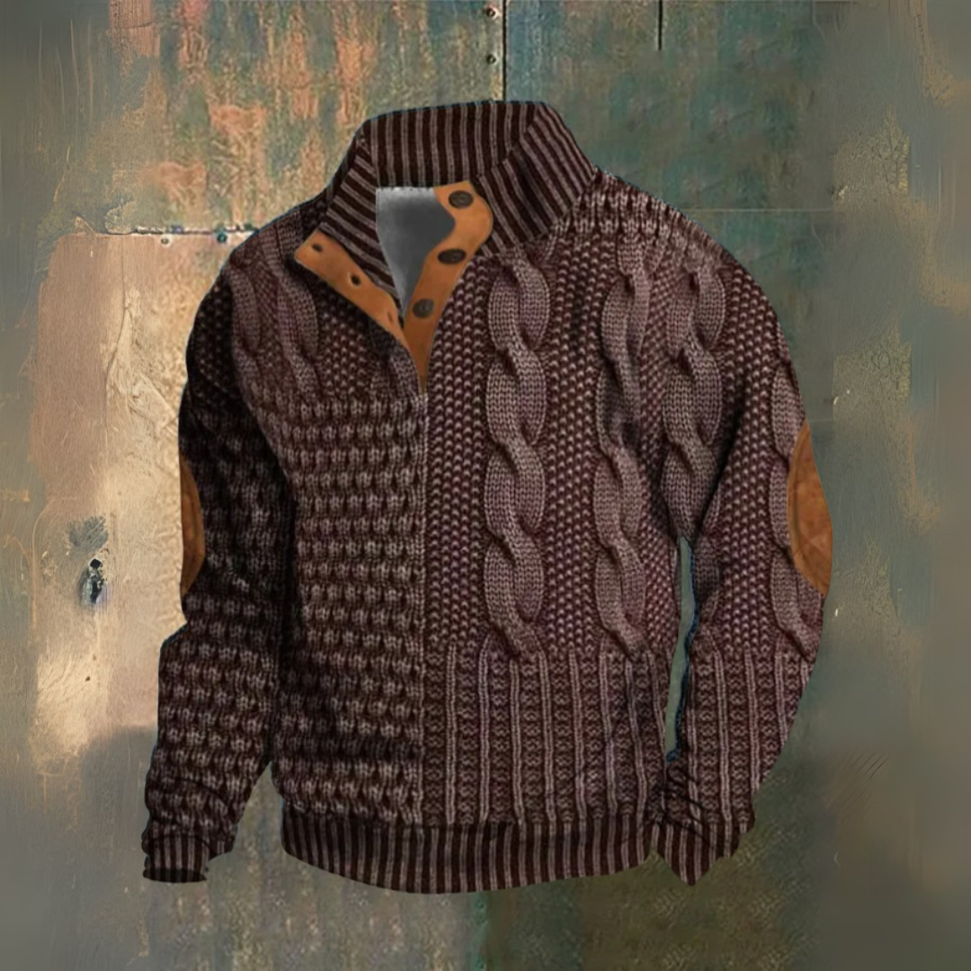 Men's cable knit jumper with high collar, buttons and elbow patches