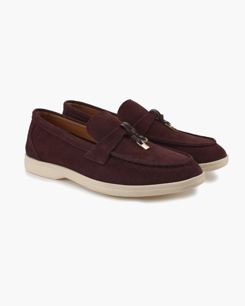 Women's slip-on loafers with moc toe stitching and metal horsebit detail