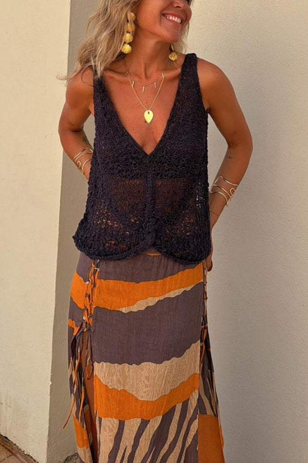 Women's open-knit sleeveless V-neck tank top