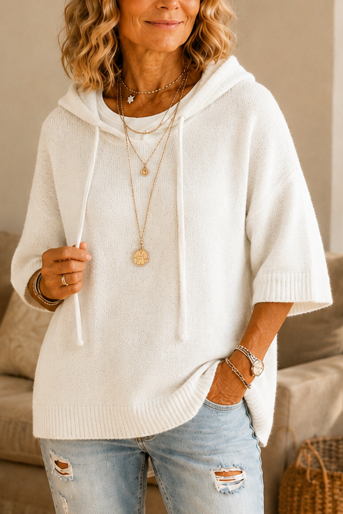 Women's open-knit hoodie with drawstring hood and short sleeves