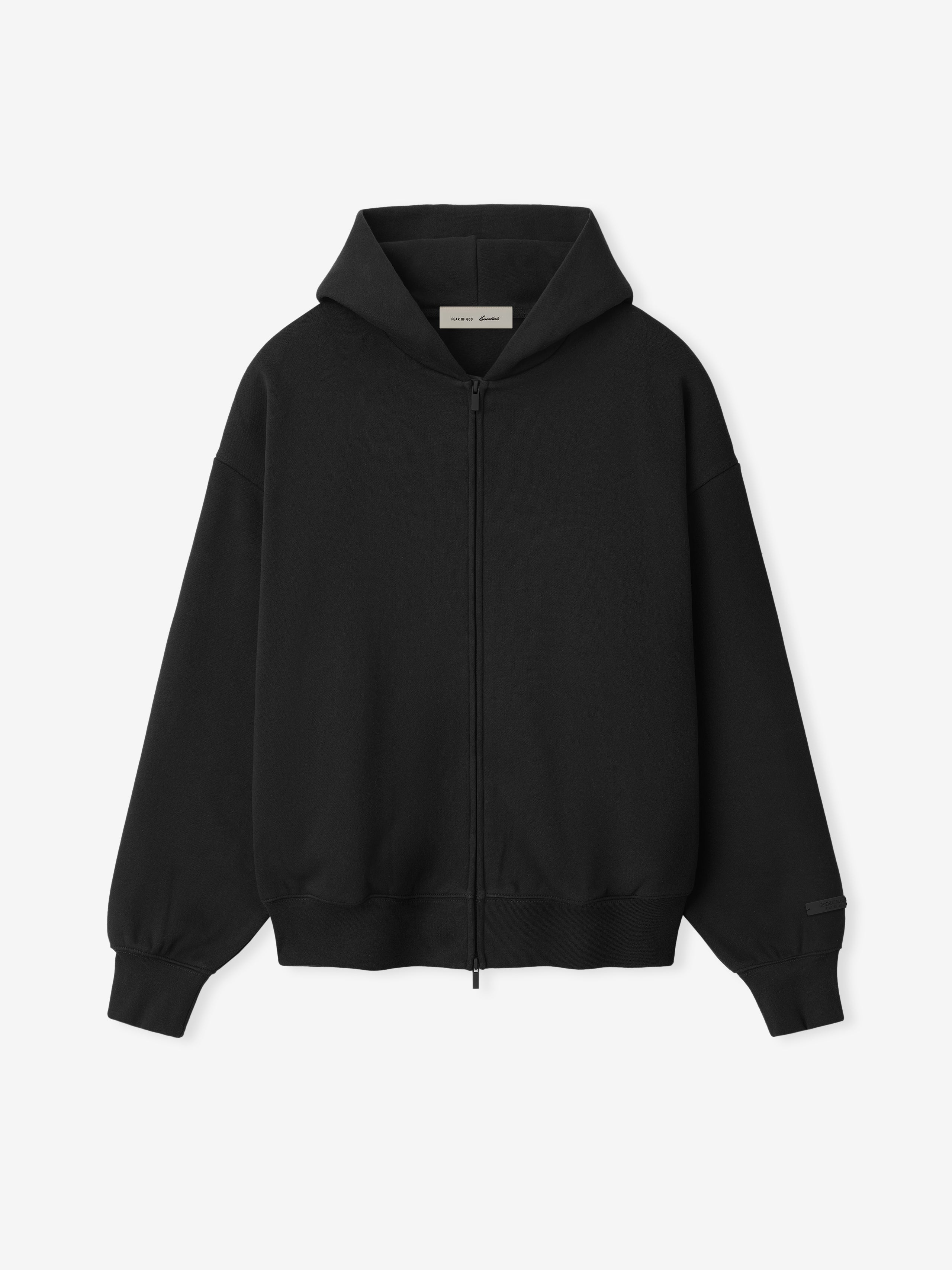 Unisex black zip-up hoodie with hood and back text graphic