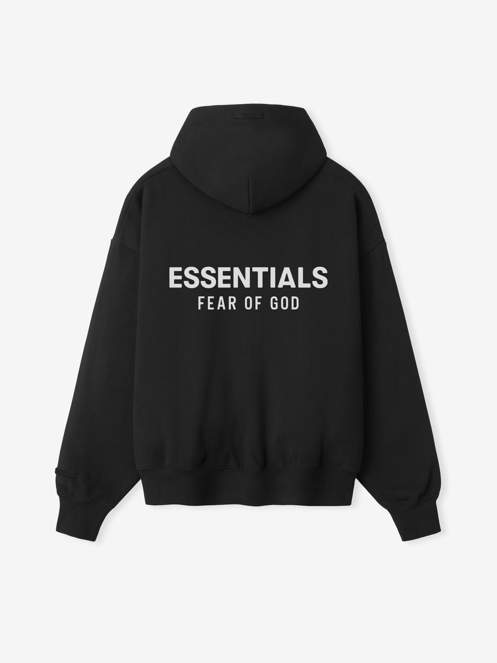 Unisex black zip-up hoodie with hood and back text graphic